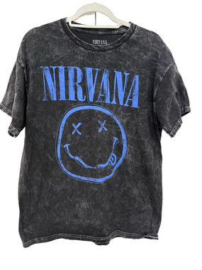 Nirvana Men’s Black Wash Graphic Tee with Blue Logo 100% Cotton